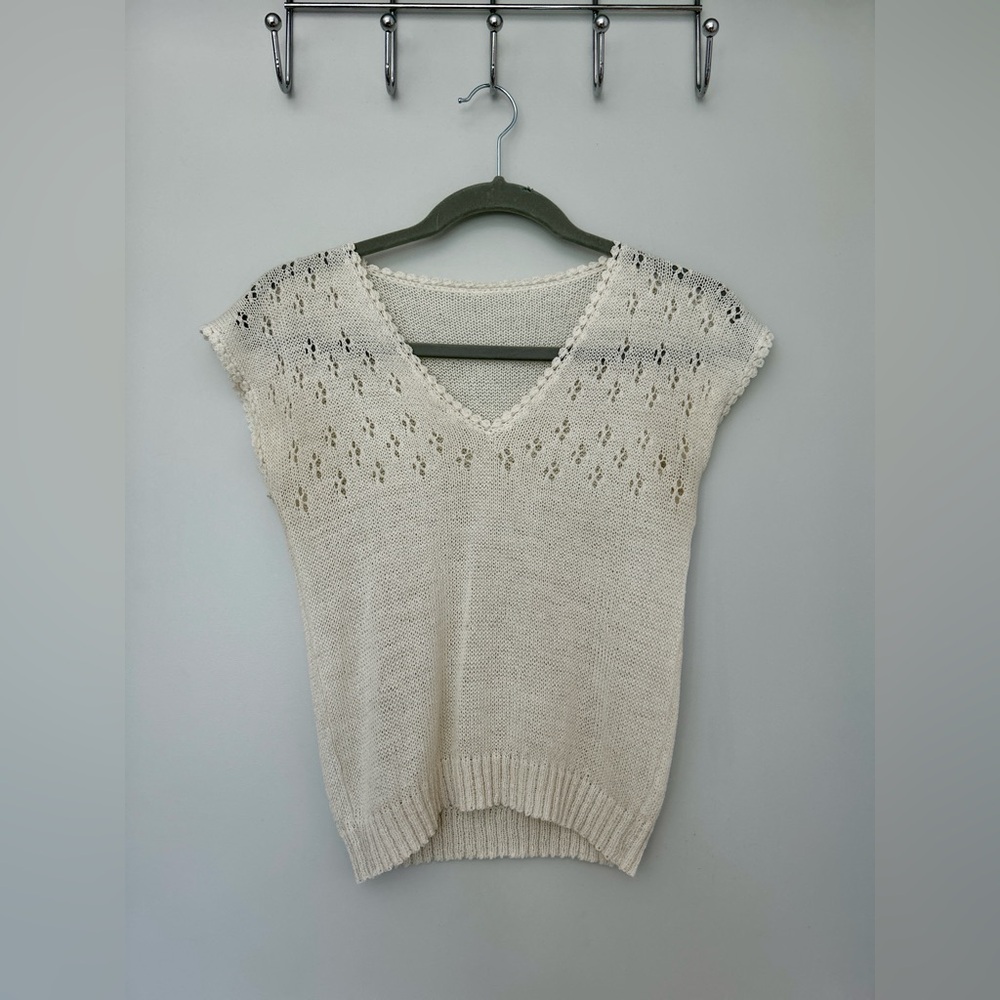 Handmade Vintage Knit Cap Sleeve Top Eyelet Crochet Trim Cream Ivory XS S